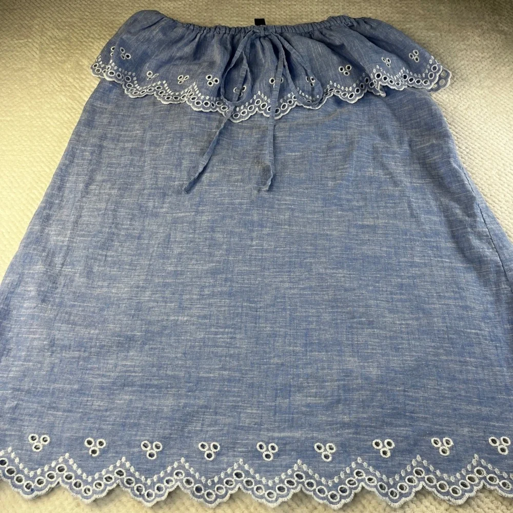 J. Crew Coastal Eyelet‎ Linen Dress Size M Blue Chambray Ruffle Cotton Linen